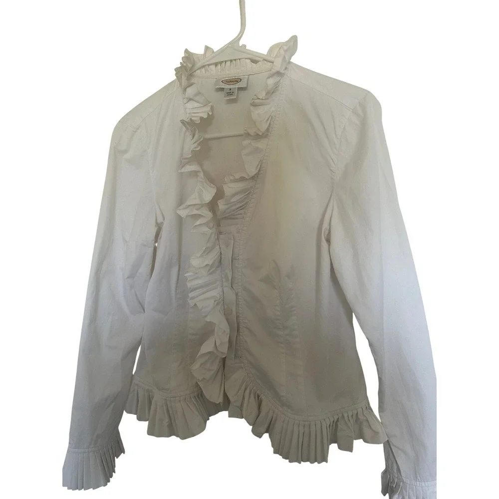 Vintage Talbots White Ruffle Trim Cotton Jacket Blouse Long Sleeve Size 8